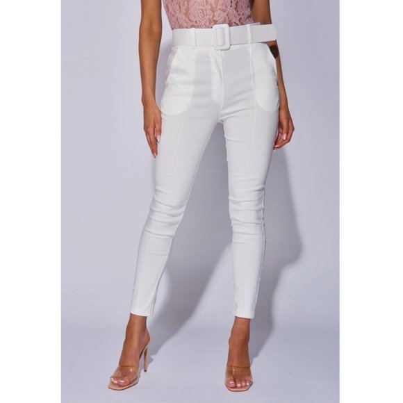 Pants - White High Waist Buckle Belt Tapered Cropped Straight Leg Ankle Pants